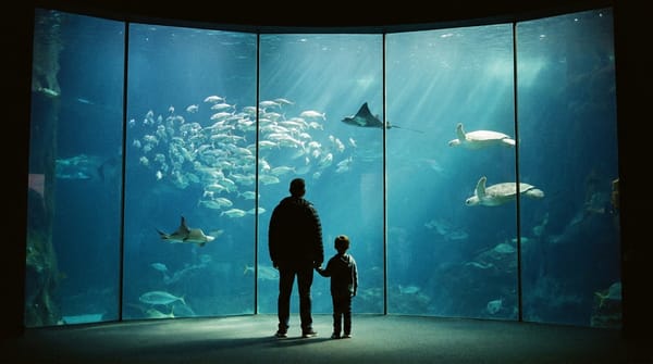AI-generated image: an adult and a child seen from behind at a large aquarium window, watching a school of fish, two sea turtles and rays in blue water